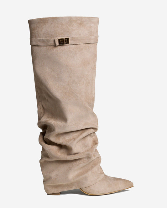 LAVISTA Slouchy Suede Knee High Boots - Beige - Front View