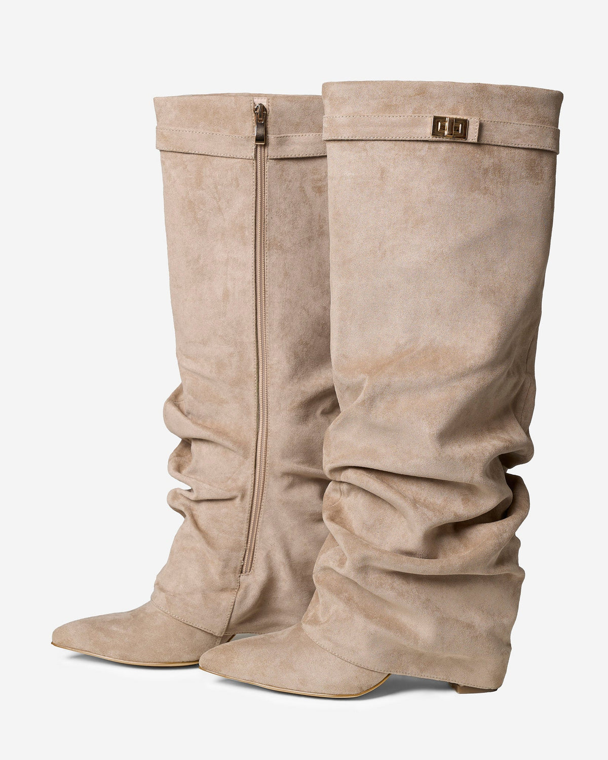 LAVISTA Slouchy Suede Knee High Boots - Beige - Worn