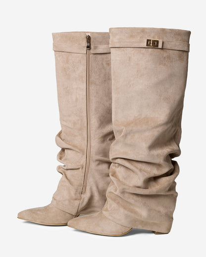 LAVISTA Slouchy Suede Knee High Boots - Beige - Worn