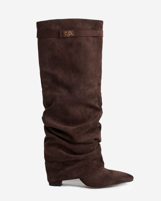 LAVISTA Slouchy Suede Knee High Boots - Dark Brown - Front View