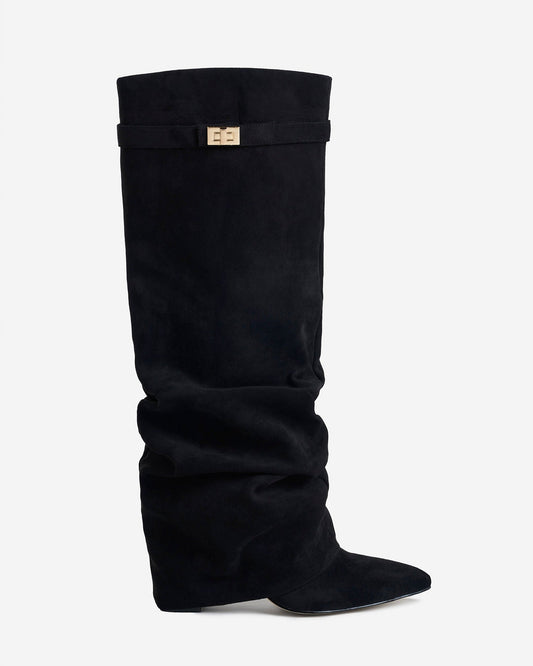 LAVISTA Slouchy Suede Knee High Boots - Black - Front View