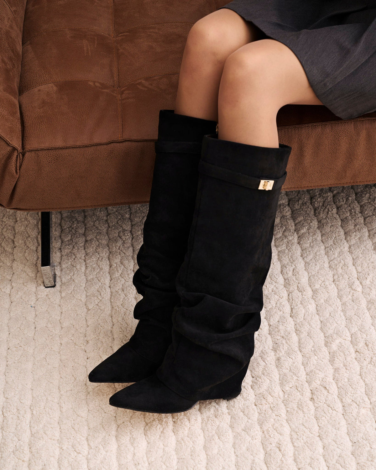 LAVISTA Slouchy Suede Knee High Boots - Black - Side View